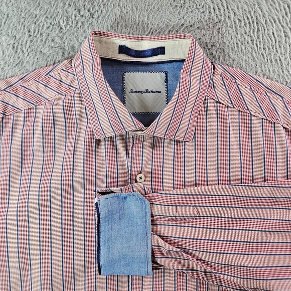Tommy Bahama Shirt Men Large Flip Cuff Button Up Long‎ Sleeve Red Striped Plaid - Picture 1 of 10